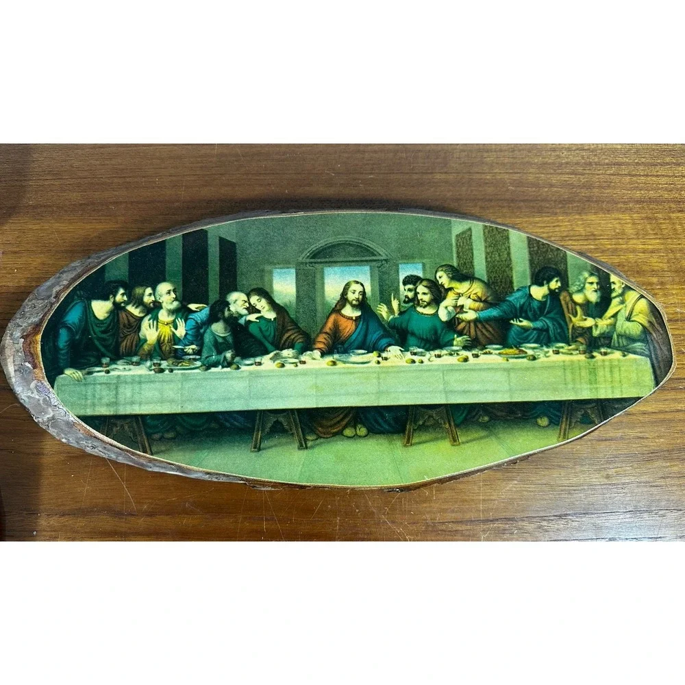 Vintage Bark Live Edge Wood Slice Plaque Wall Art Last Supper Rustic Decoupage